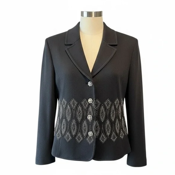 St John Evening Black Beaded Blazer Jacket Size 12 Vintage Santana Knit - Picture 1 of 10